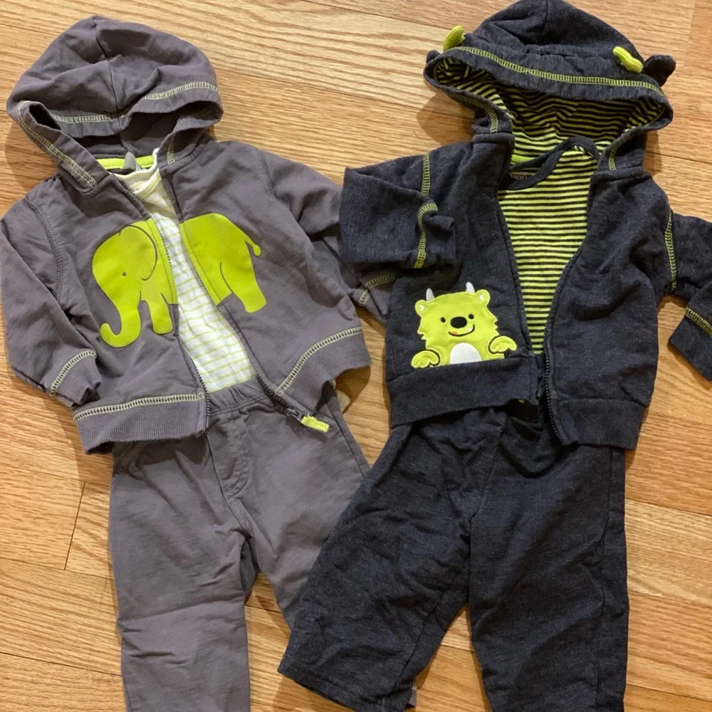 Carters 2 matching outfits gray and green 6 months